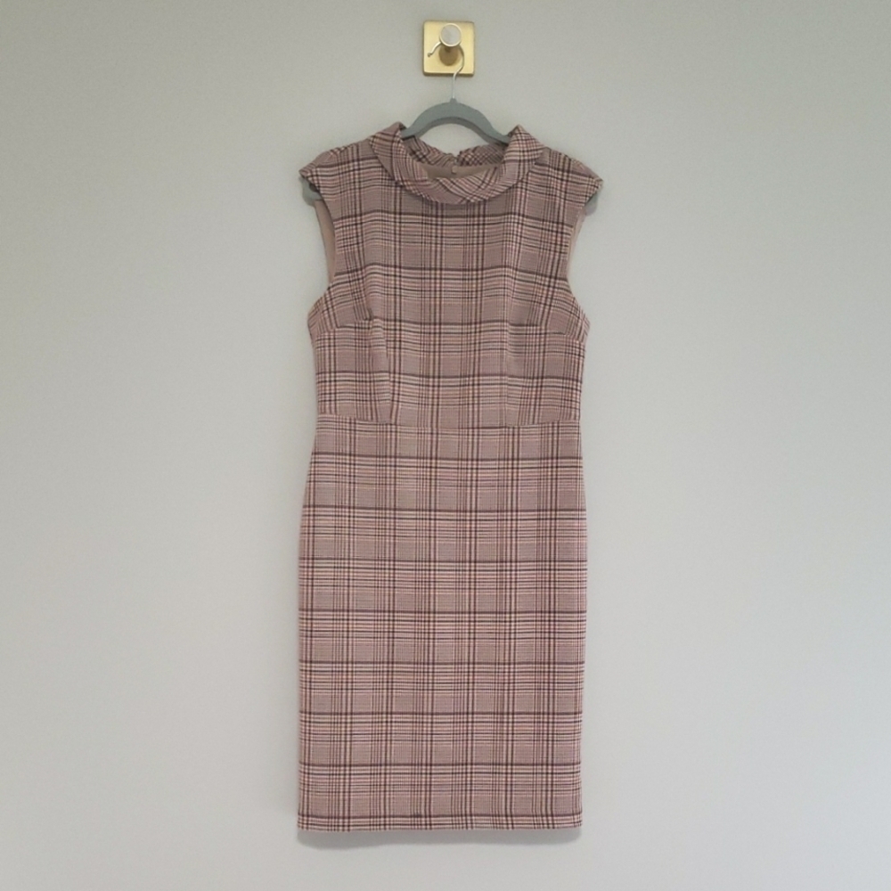 Ann Taylor Factory Midi Sheath Dress 10 Plaid Neutral Career Business Office